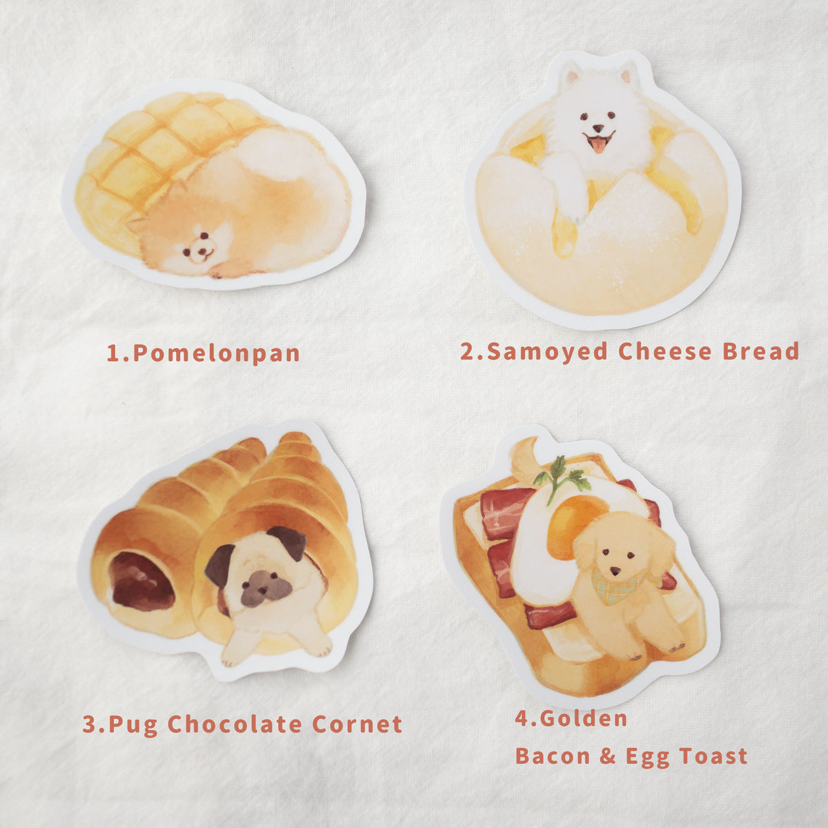 Dog Japanese Bread Vinyl Stickers, Pomeranian, Samoyed, Pug, Golden